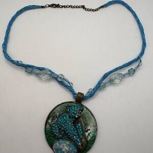 Blue Beaded Panther Pendant Necklace Vintage Boho Brass
